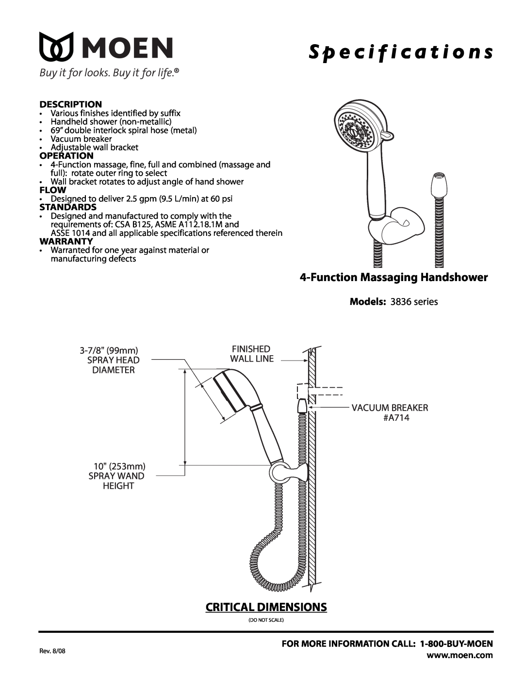Moen 3836 series specifications S p e c i f i c a t i o n s, Function Massaging Handshower, Critical Dimensions, Operation 