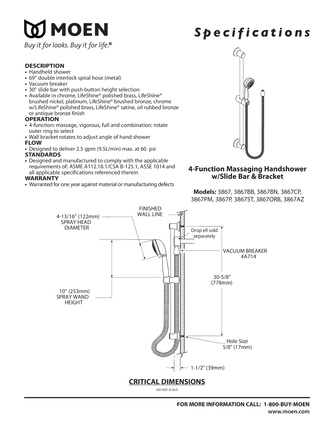 Moen 3867ORB, 3867ST, 3867CP, 3867PM, 3867AZ warranty Specification s, Function Massaging Handshower Slide Bar & Bracket 