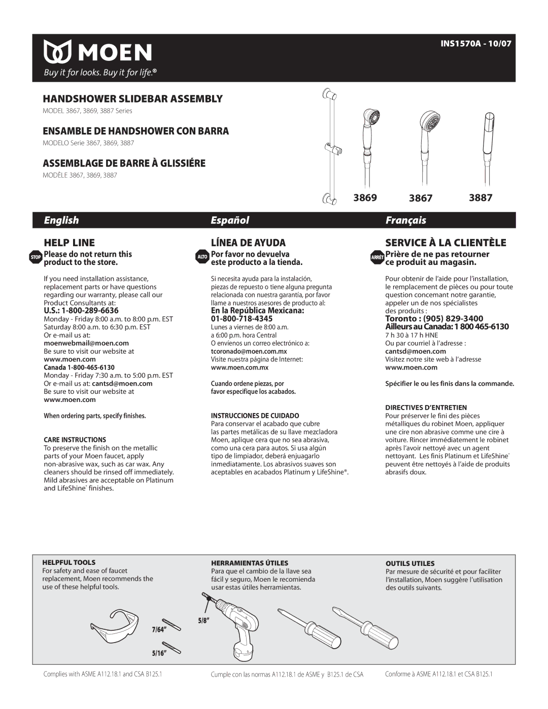 Moen 3867 Series warranty Handshower Slidebar Assembly, Ensamble DE Handshower CON Barra, Assemblage DE Barre À Glissiére 