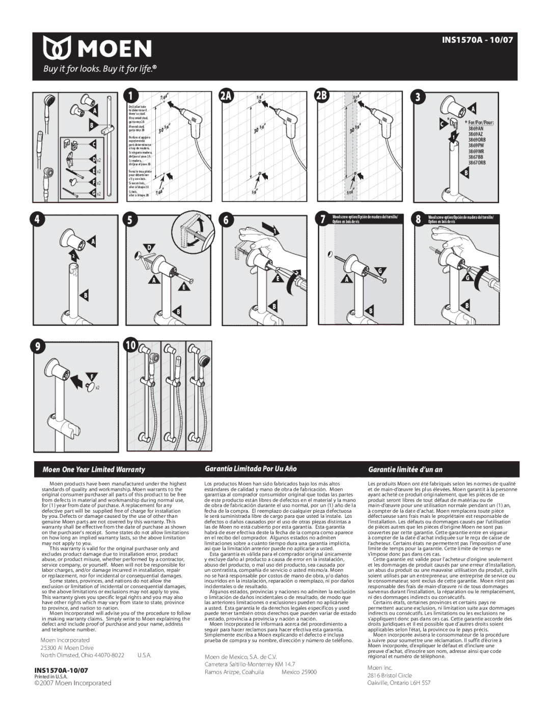Moen 3869 Series Moen One Year Limited Warranty, Garantía Limitada Por Uu Año, Garantie limitée d’un an, INS1570A-10/07 