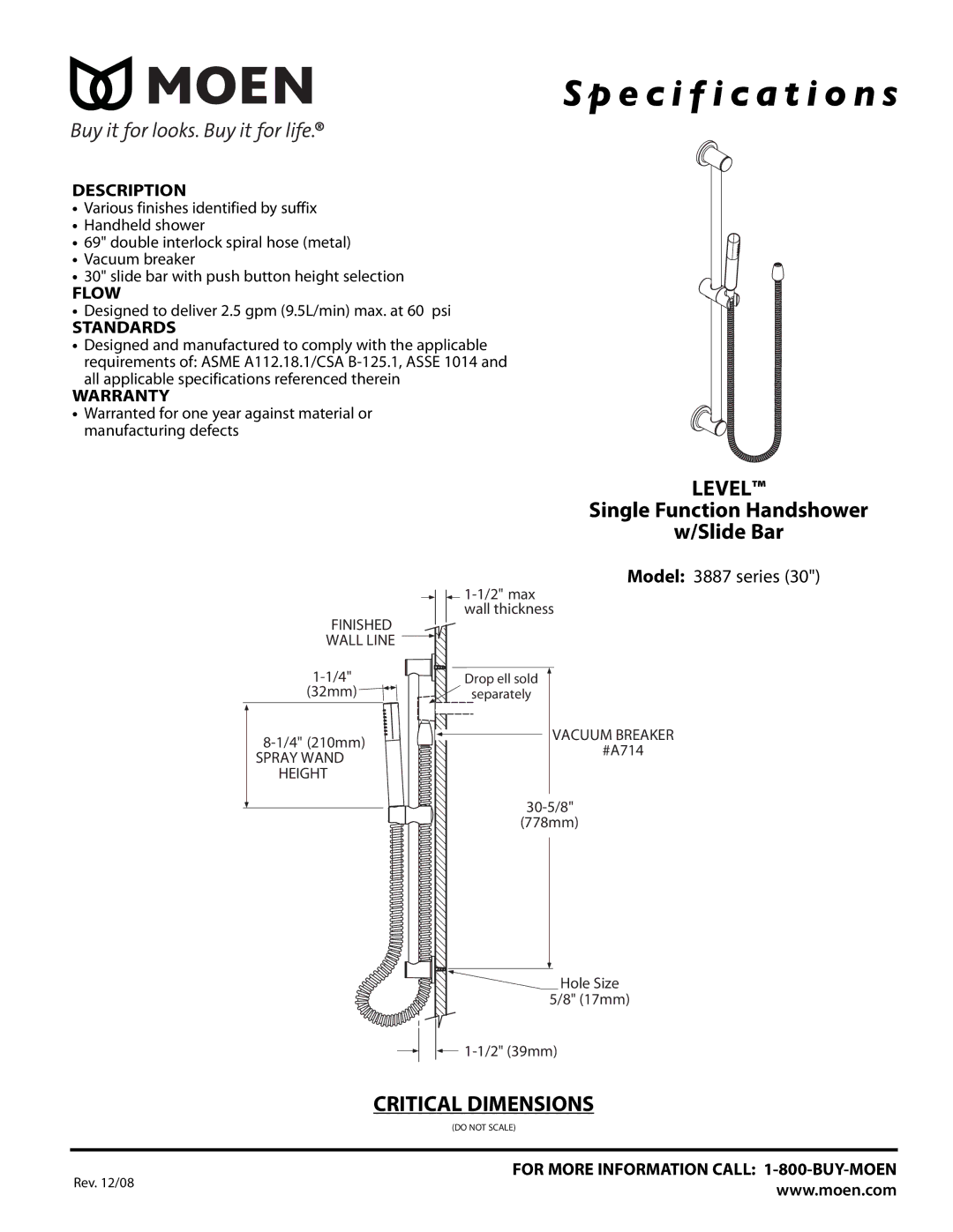 Moen 3887 Series warranty Specification s, Level, Single Function Handshower Slide Bar, Critical Dimensions 