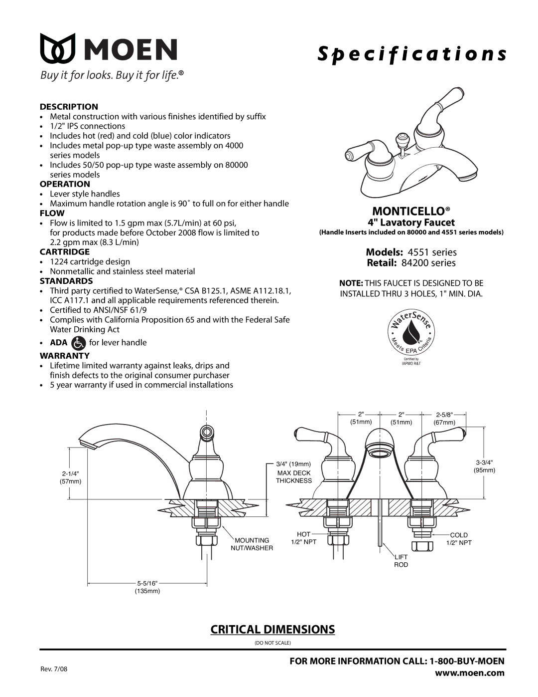 Moen 4551 Series specifications Specification s, Monticello, Critical Dimensions, Lavatory Faucet 