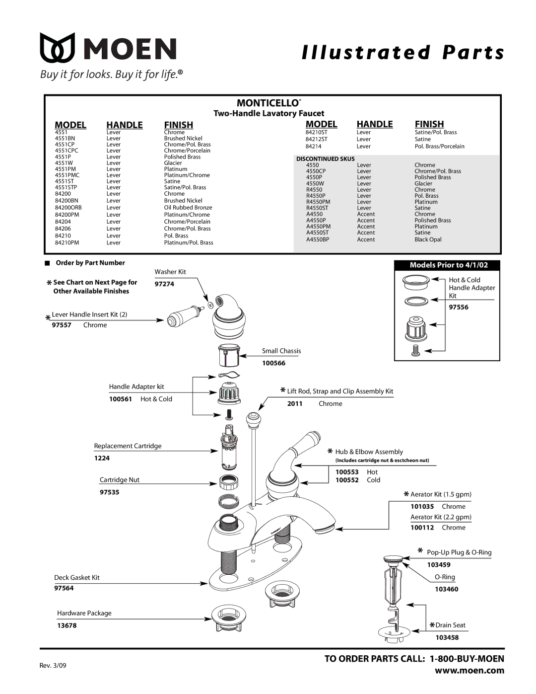 Moen 4551W, 4551PMC, 4551CPC, 4551STP, 84206, 84212ST, 84200BN, 84200ORB, 84200PM, 84210PM manual Illustrated Par ts 