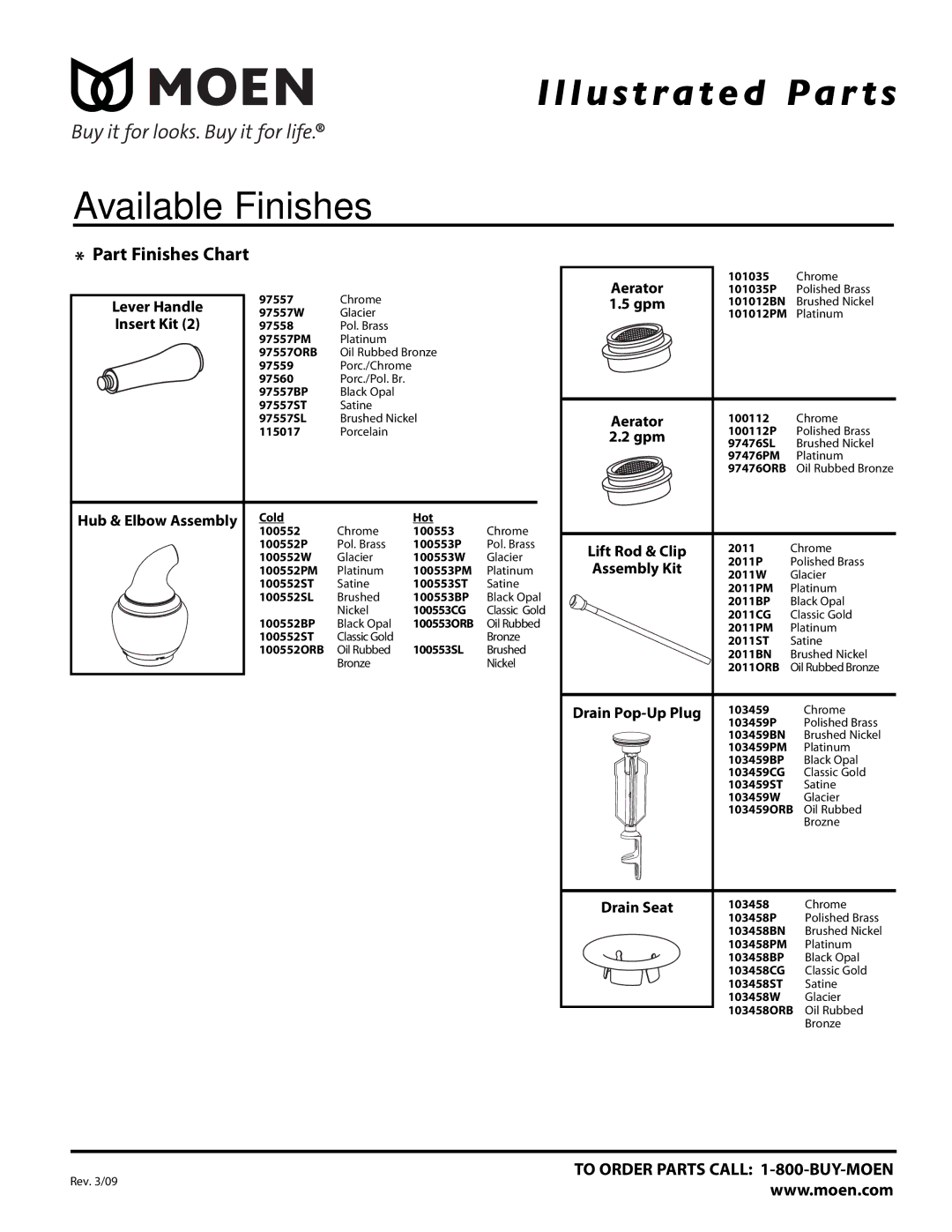 Moen 4551PMC, 4551W Lever Handle, Insert Kit, Aerator, Gpm, Lift Rod & Clip, Assembly Kit, Drain Pop-Up Plug, Drain Seat 