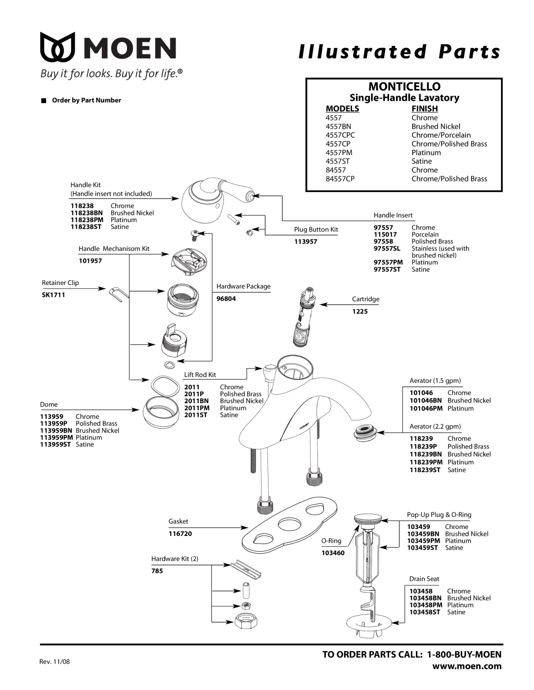 Moen 84557CP, 84557 Chrome, 4557CPC, 4557ST manual Illustrated Par ts, Monticello, Single-Handle Lavatory, Models Finish 