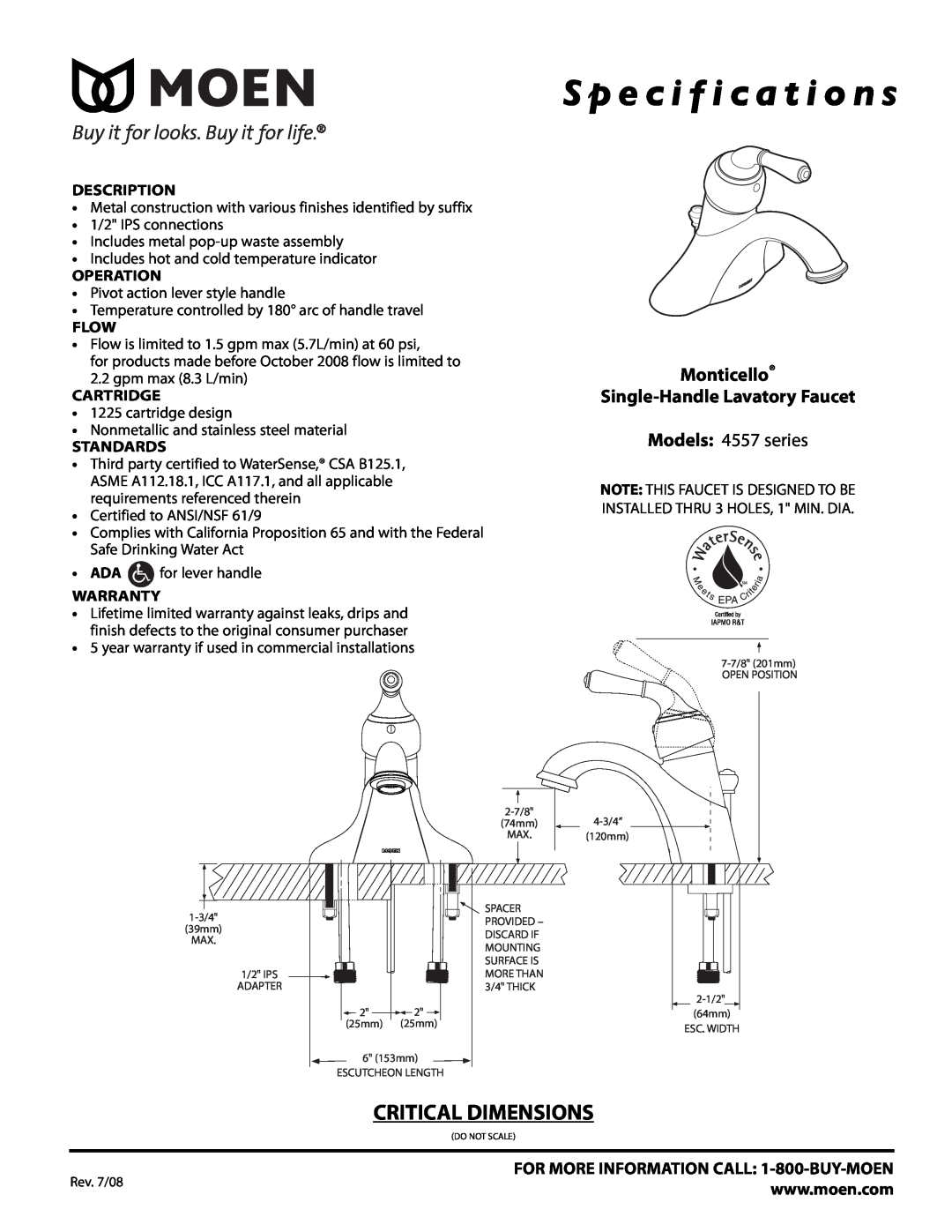 Moen 4557 Series specifications S p e c i f i c a t i o n s, Critical Dimensions, Monticello Single-Handle Lavatory Faucet 