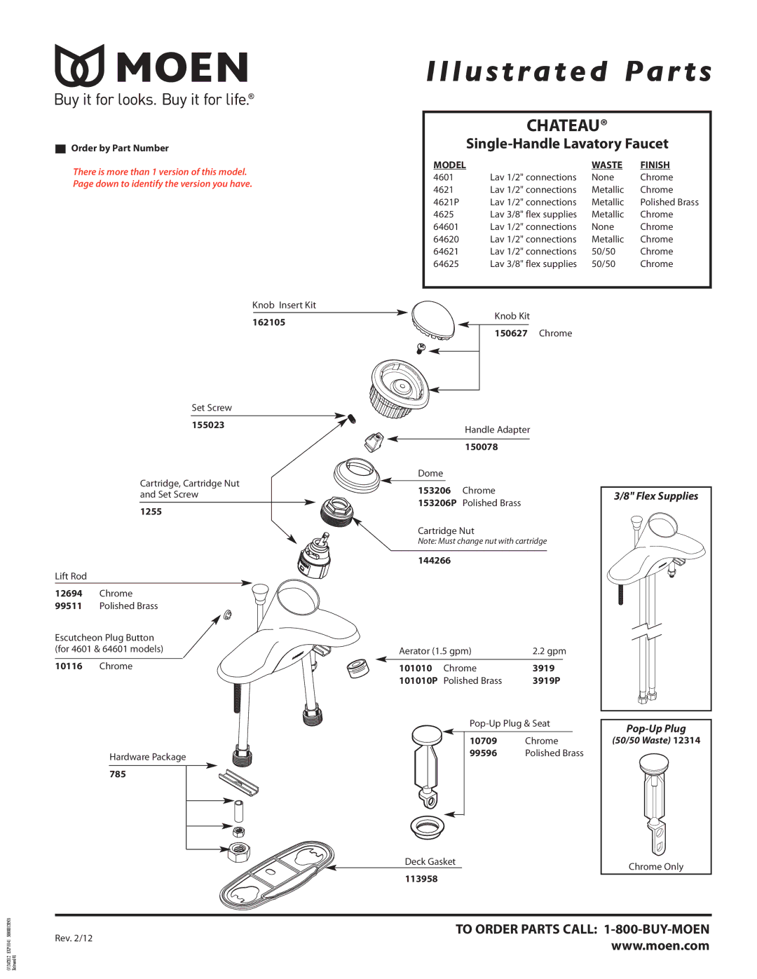 Moen 4621P, 4625 manual Illustrated Par ts, Chateau, Single-Handle Lavatory Faucet, To Order Parts Call 1-800-BUY-MOEN 