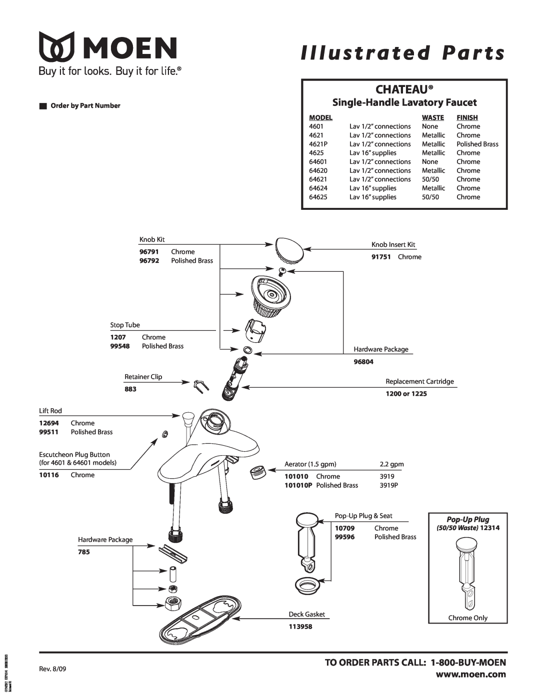 Moen 64601 Illustrated Par ts, Chateau, Single-Handle Lavatory Faucet, TO ORDER PARTS CALL 1-800-BUY-MOEN, Pop-Up Plug 