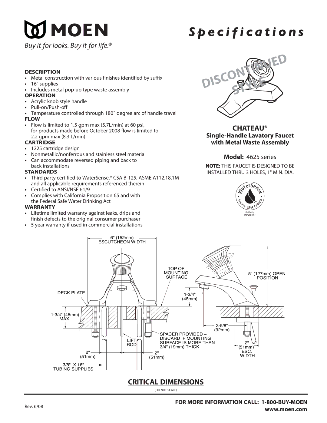 Moen 4625 series specifications DIS Style 