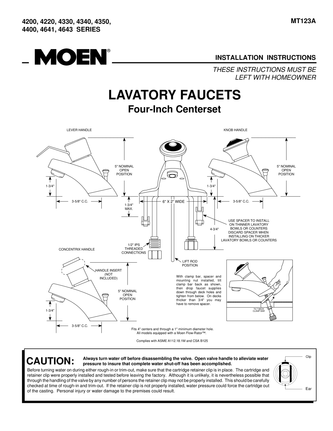 Moen 4350 installation instructions Four-Inch Centerset, 4200 4220 4330 4340 MT123A 4400 4641 4643 