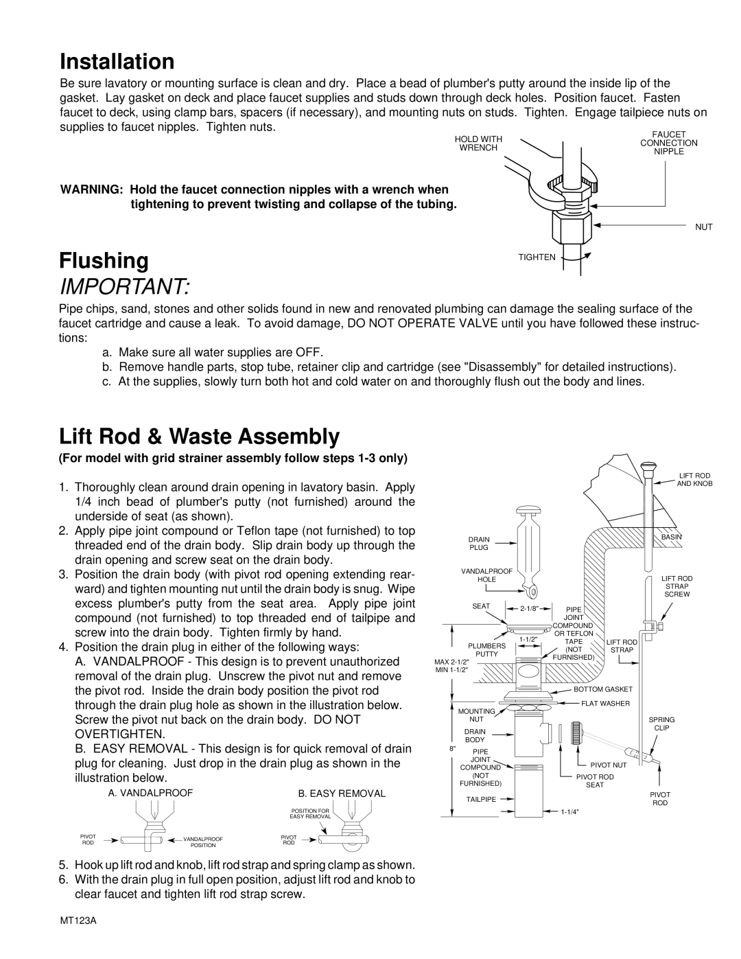 Moen 4200 Installation, Flushing, Lift Rod & Waste Assembly, For model with grid strainer assembly follow steps 1-3 only 