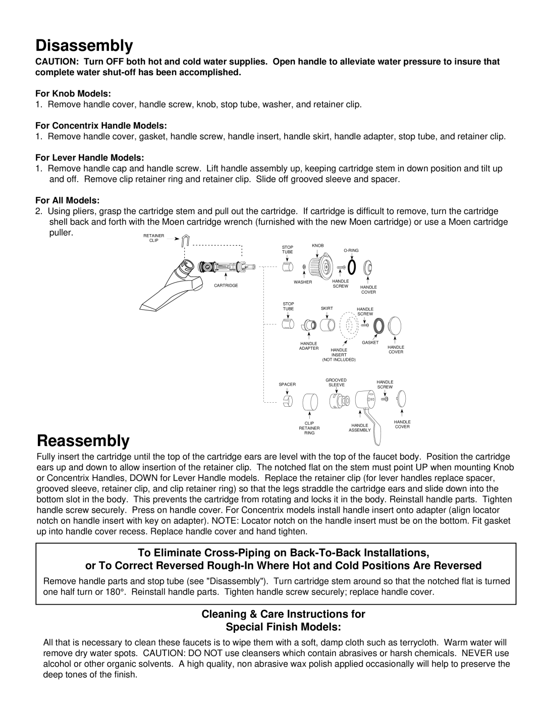 Moen 4340, 4641, 4643, 4200, 4330, 4350, 4220 Disassembly, Reassembly, Cleaning & Care Instructions for Special Finish Models 