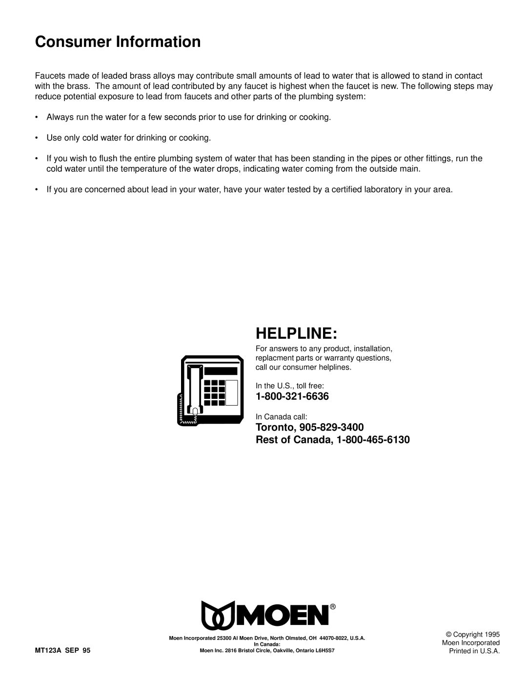 Moen 4330, 4641, 4643, 4200, 4340, 4350, 4220, 4400 installation instructions Consumer Information, Toronto Rest of Canada 