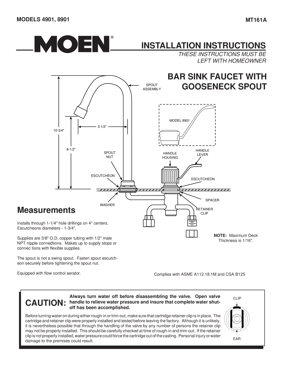 Moen 8901, 4901 installation instructions Installation Instructions, Gooseneck Spout, Measurements 