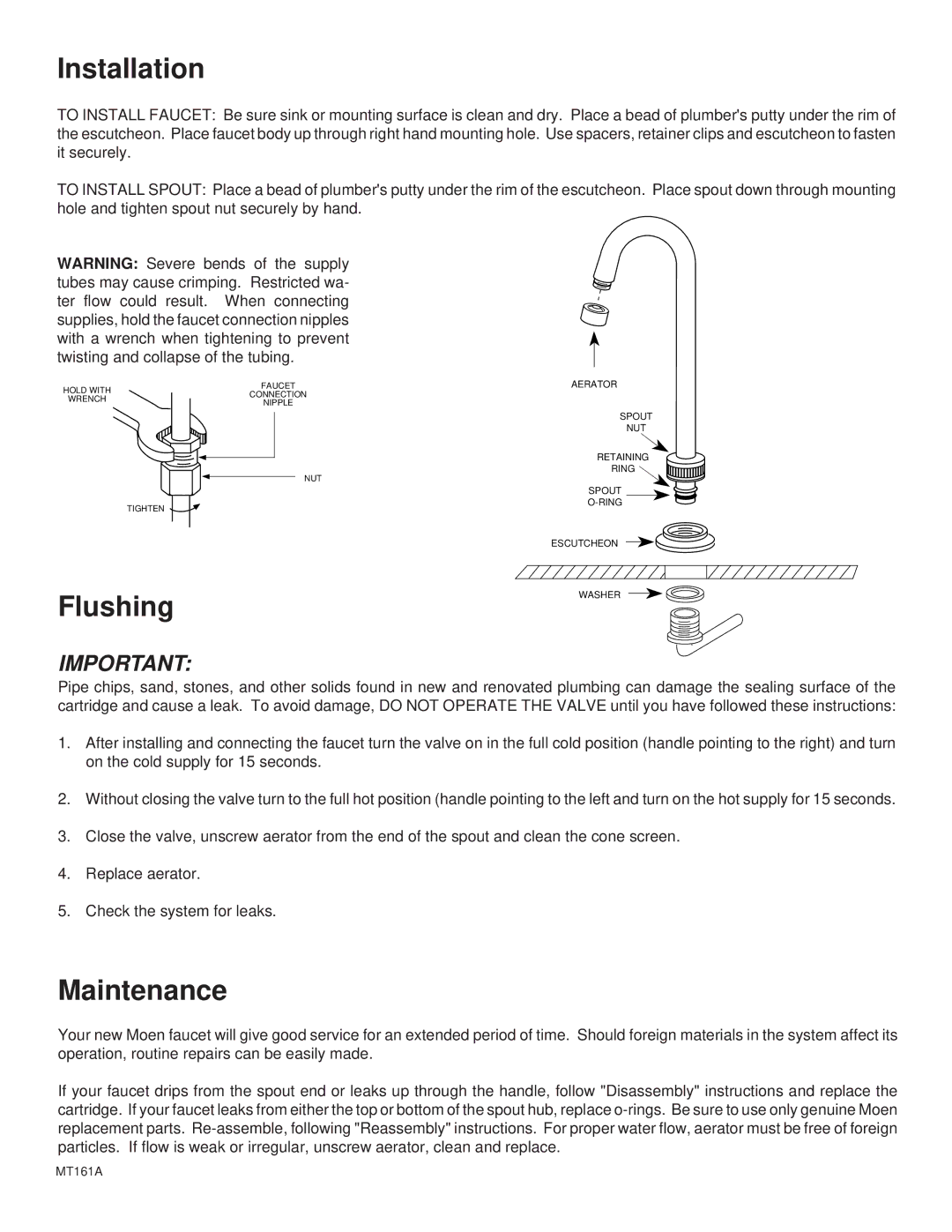 Moen 4901, 8901 installation instructions Installation, Flushing, Maintenance 