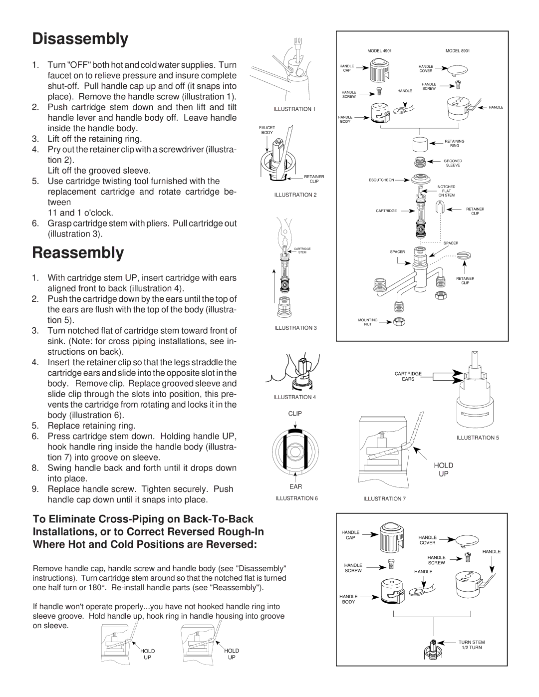 Moen 8901, 4901 installation instructions Disassembly, Reassembly 