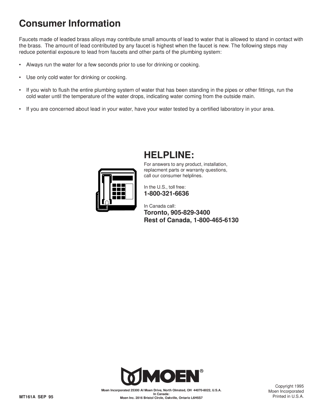 Moen 4901, 8901 installation instructions Consumer Information, Helpline 