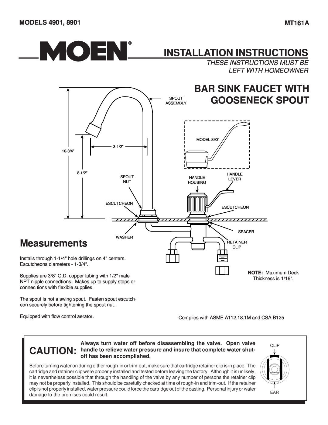 Moen 8901 installation instructions Installation Instructions, Gooseneck Spout, Measurements, MODELS 4901, MT161A 
