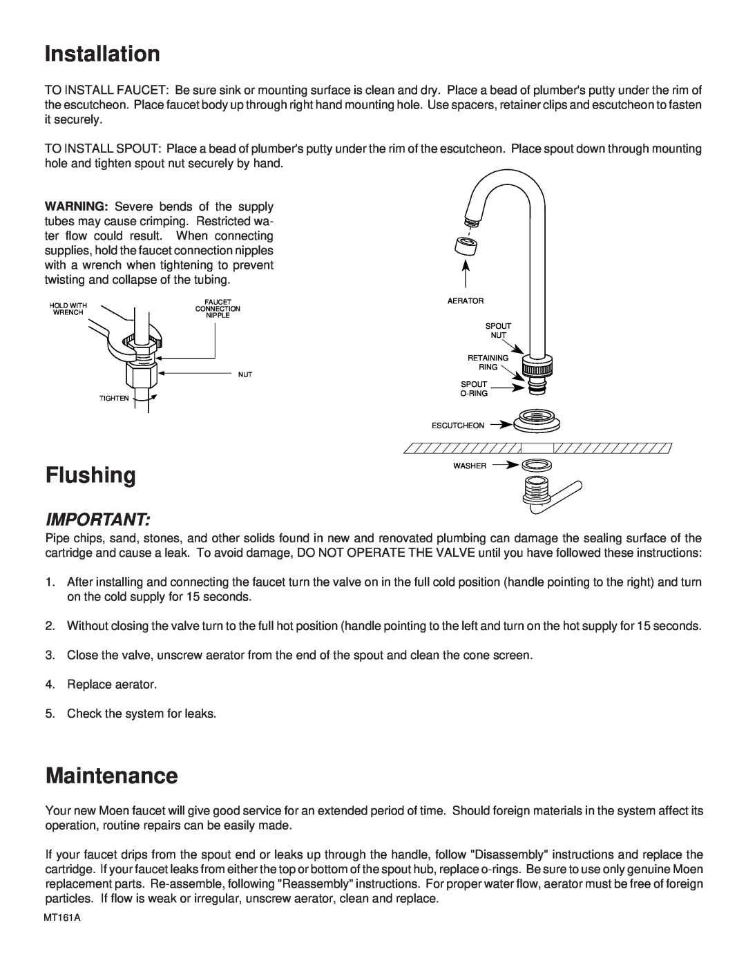 Moen 4901, 8901 installation instructions Installation, Flushing, Maintenance 
