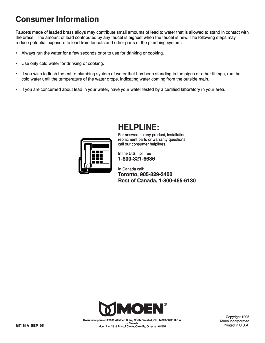 Moen 4901, 8901 installation instructions Consumer Information, Helpline, Toronto Rest of Canada 