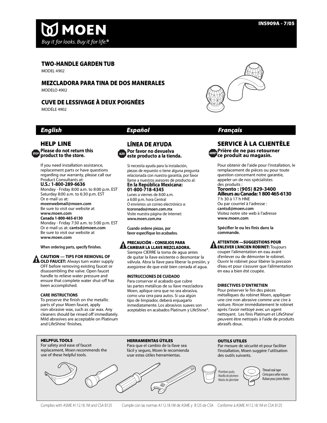 Moen 4902 warranty Model, Canada, En la República Mexicana, 30 à 17 h HNE, Para conservar el acabado que cubre 