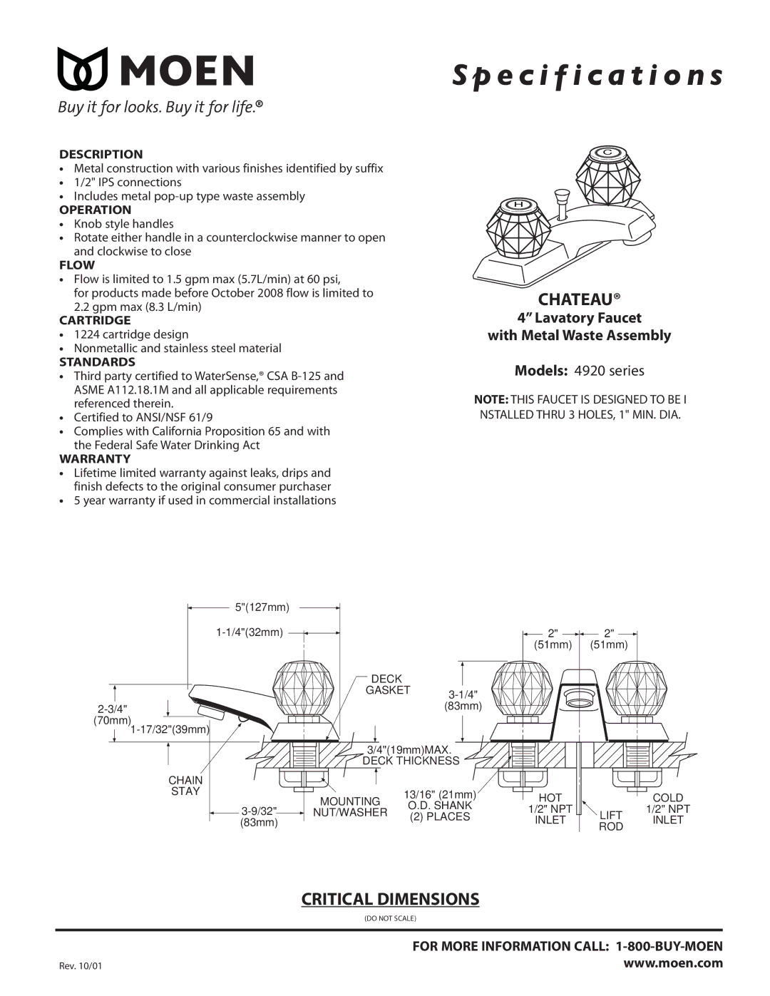 Moen 64920 Series, 4900 Series specifications Lavatory Faucet With Metal Waste Assembly, Models 4920 series 