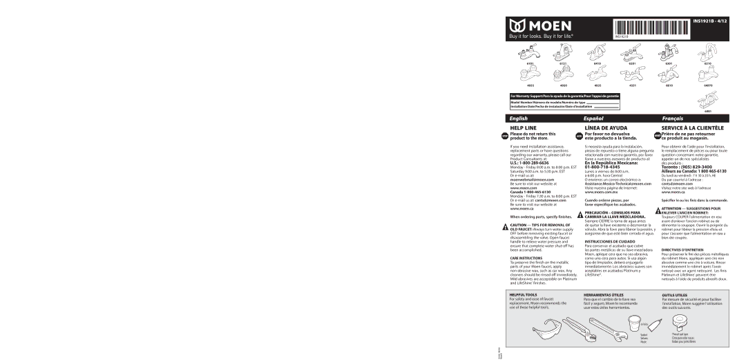 Moen 6610, 4925, 64970, 6101, 4551 warranty Canada, When ordering parts, specify finishes, Cantsd@moen.com 