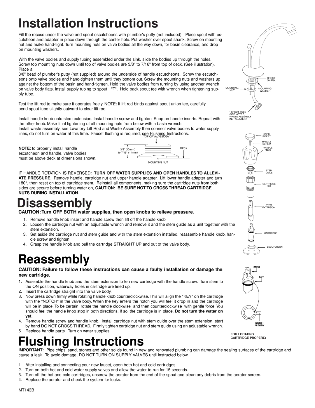 Moen 4934, 8963 installation instructions Installation Instructions, Disassembly, Reassembly, Flushing Instructions 