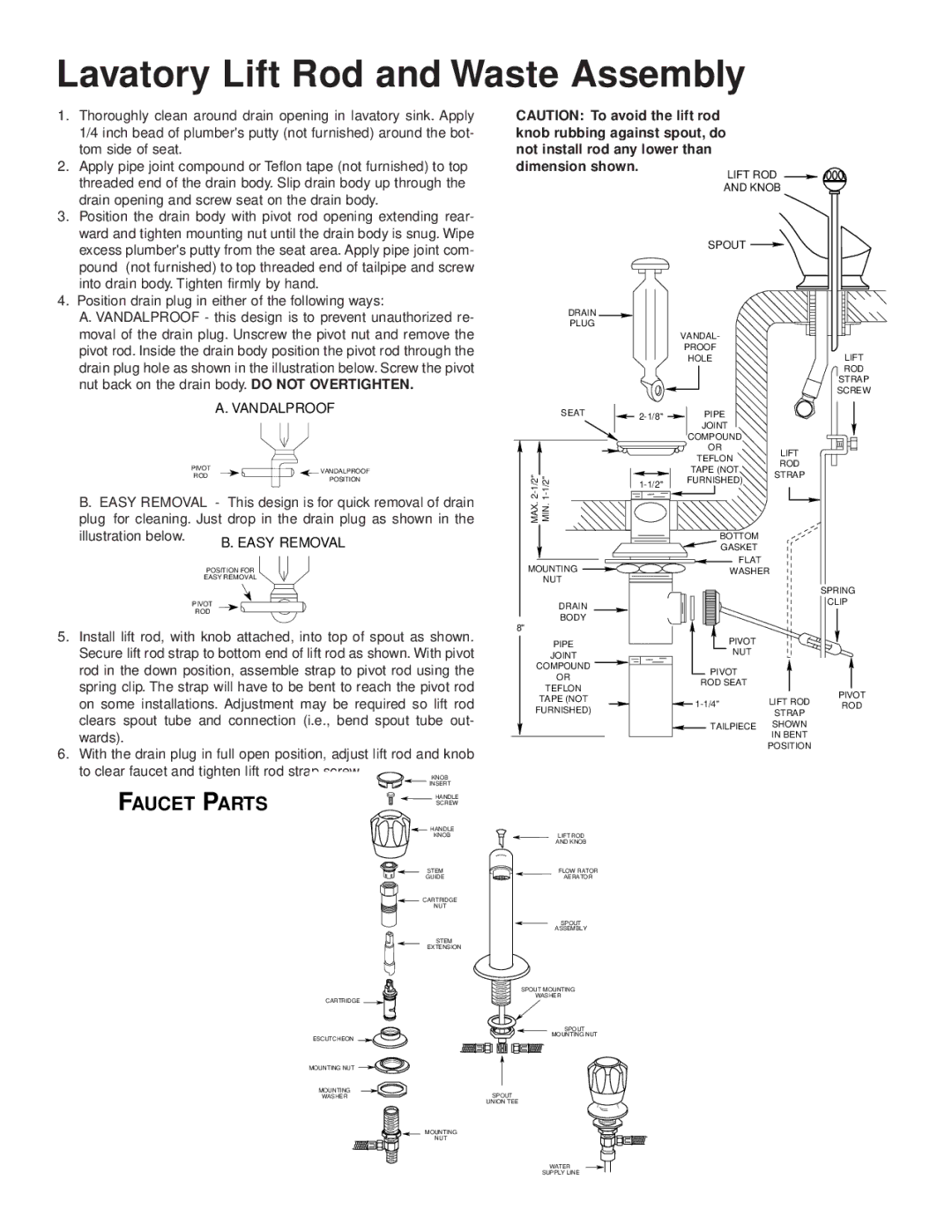 Moen 8963, 4934 installation instructions Lavatory Lift Rod and Waste Assembly, Vandalproof 