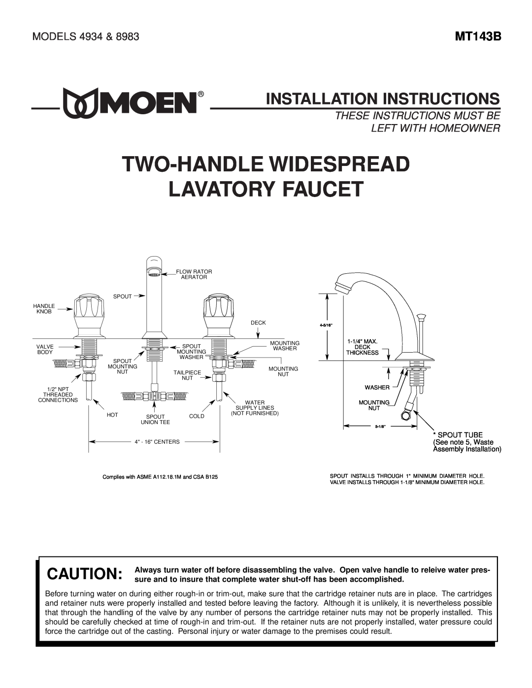 Moen 8963 installation instructions Two-Handle Widespread Lavatory Faucet, Installation Instructions, MT143B, MODELS 4934 