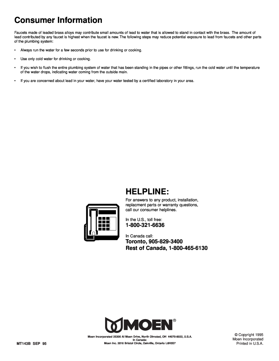 Moen 4934, 8963 installation instructions Toronto Rest of Canada, Consumer Information, Helpline, MT143B SEP 