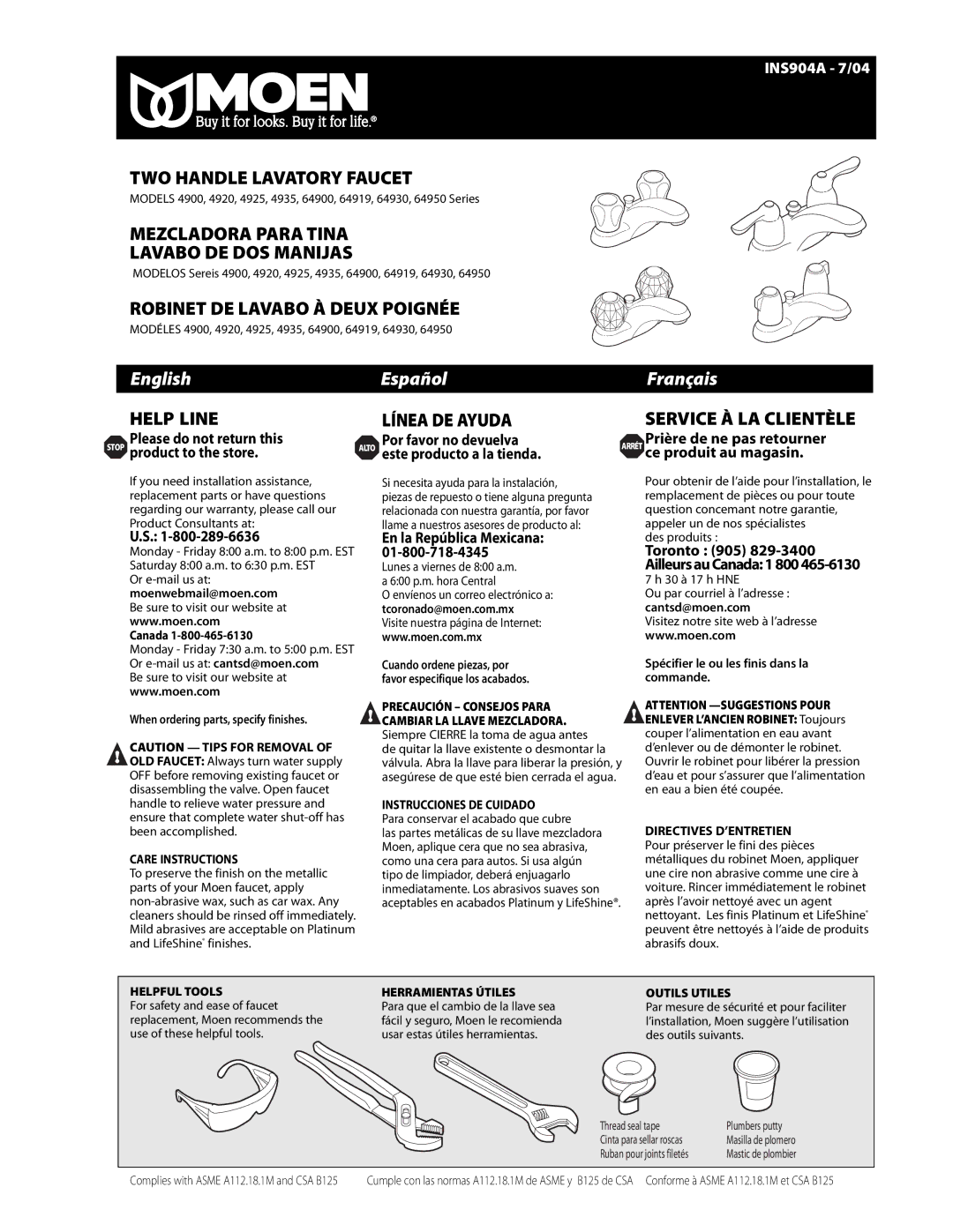 Moen 4900, 4935, 4920, 64930 warranty Canada, En la República Mexicana, Thread seal tape Plumbers putty, Masilla de plomero 