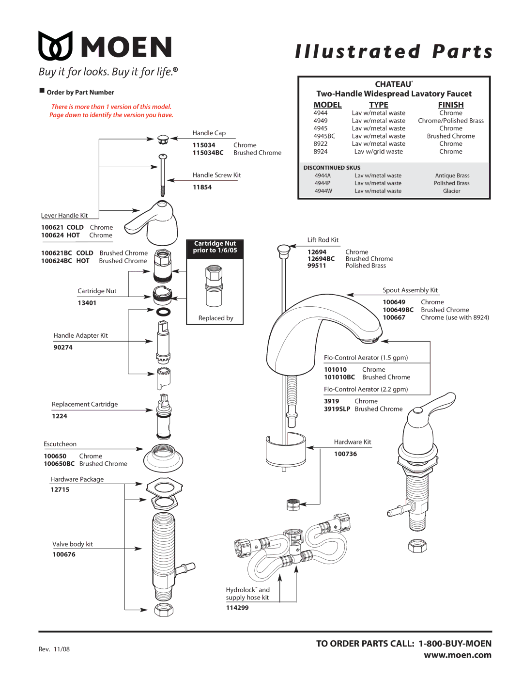 Moen 4949, 4944, 4945BC, 8922, 8924 manual Illustrated Par ts, Chateau, Model, Type Finish 