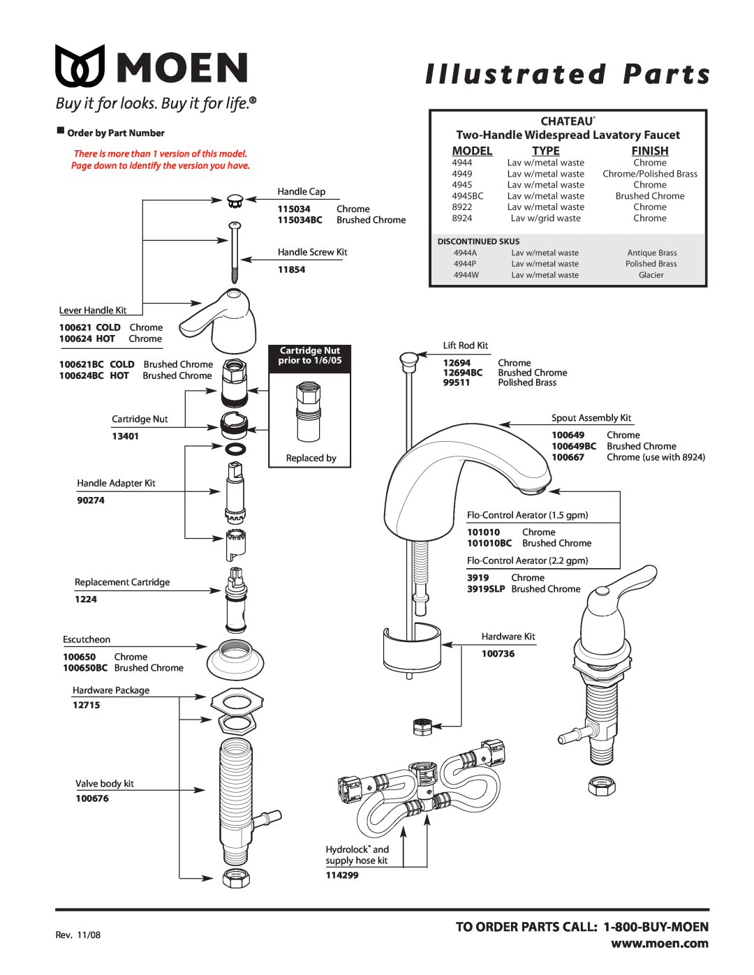 Moen 4949 manual Illustrated Par ts, TO ORDER PARTS CALL 1-800-BUY-MOEN, CHATEAU Two-Handle Widespread Lavatory Faucet 