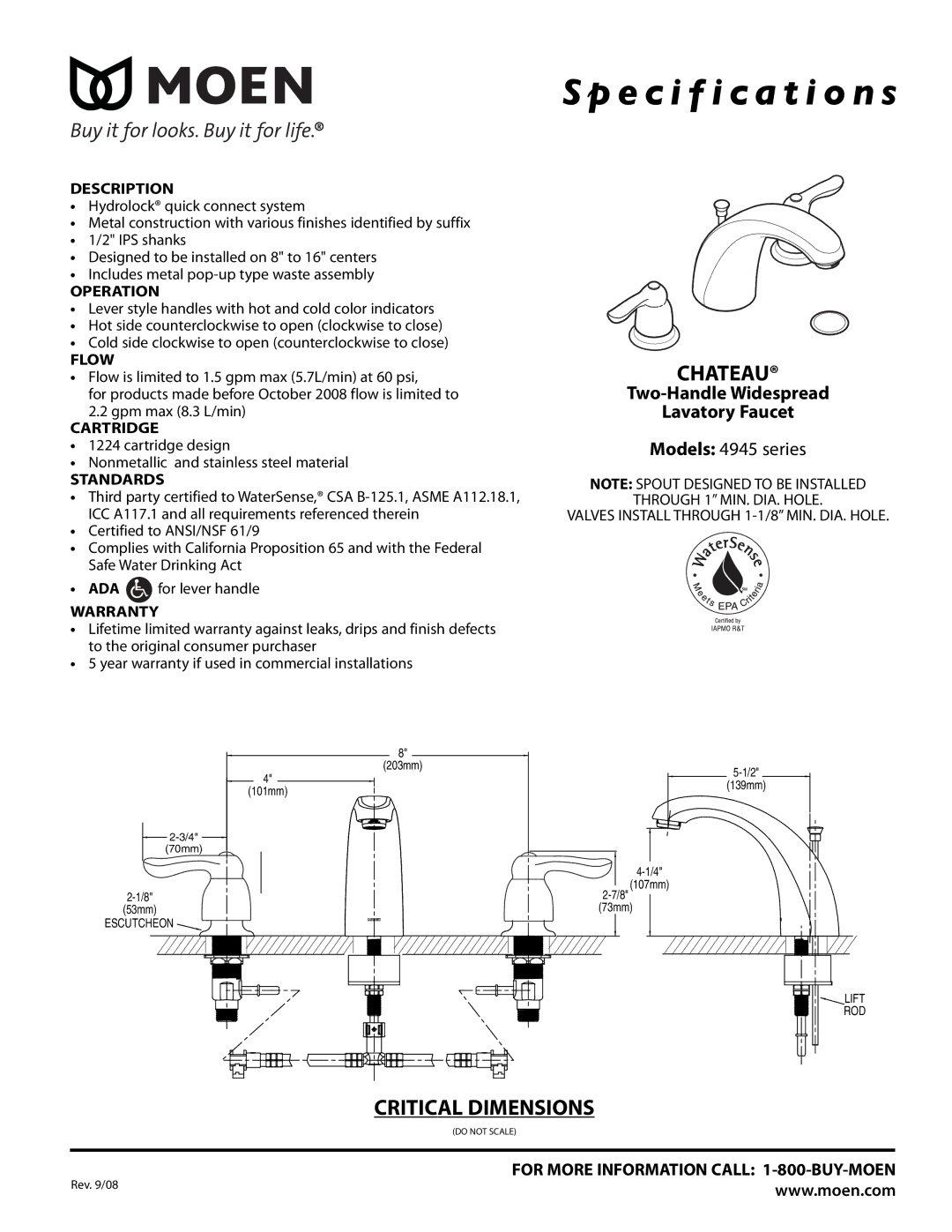 Moen 4945 Series specifications Specification s, Chateau, Critical Dimensions, Two-Handle Widespread Lavatory Faucet 