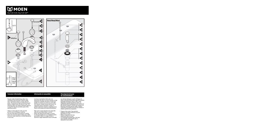 Moen 8966 Consumer Information, Utilice sólo agua fría para beber o cocinar, Les robinets fabriqués à partir d’alliages de 
