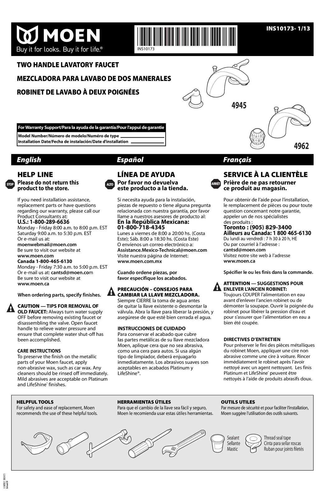 Moen 4945, 4962 warranty Moenwebmail@moen.com, Canada, When ordering parts, specify finishes, Cantsd@moen.com 