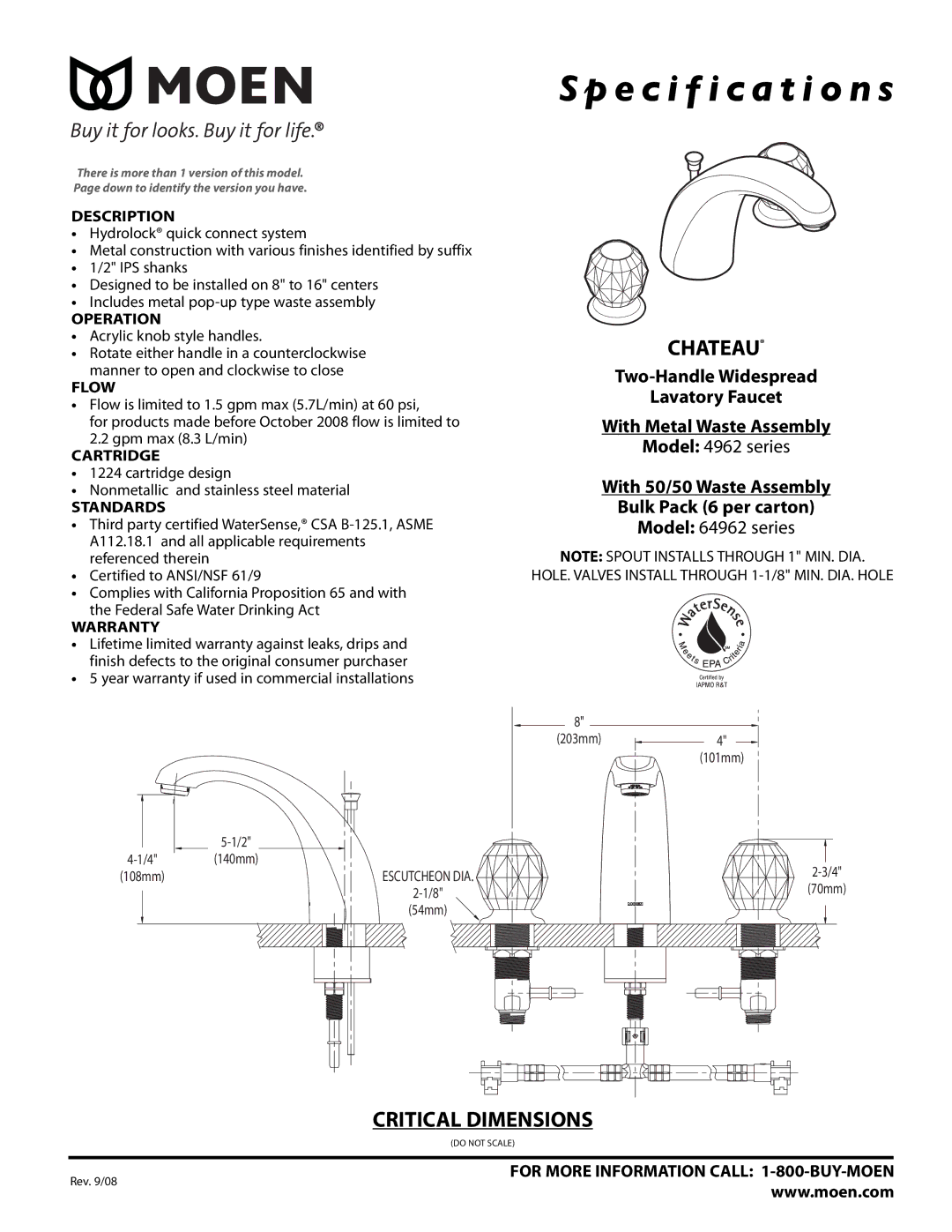 Moen 4962 series specifications Two-Handle Widespread, Lavatory Faucet, With Metal Waste Assembly, Bulk Pack 6 per carton 