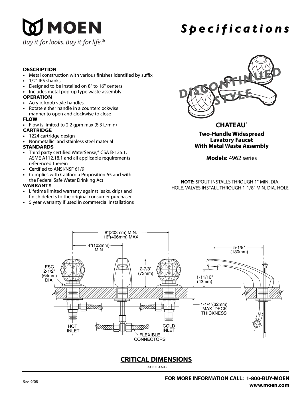 Moen 4962 series specifications DIS Style 