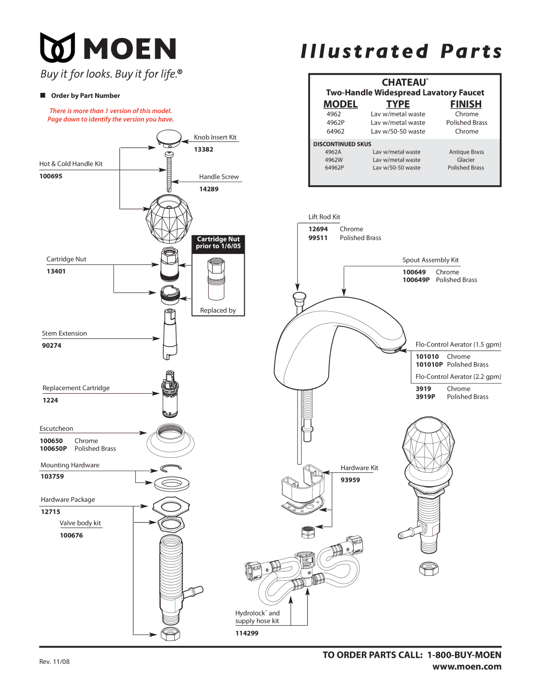 Moen 4962A, 64962P, 4962W manual Illustrated Par ts, Chateau, Model, Finish, To Order Parts Call 1-800-BUY-MOEN 