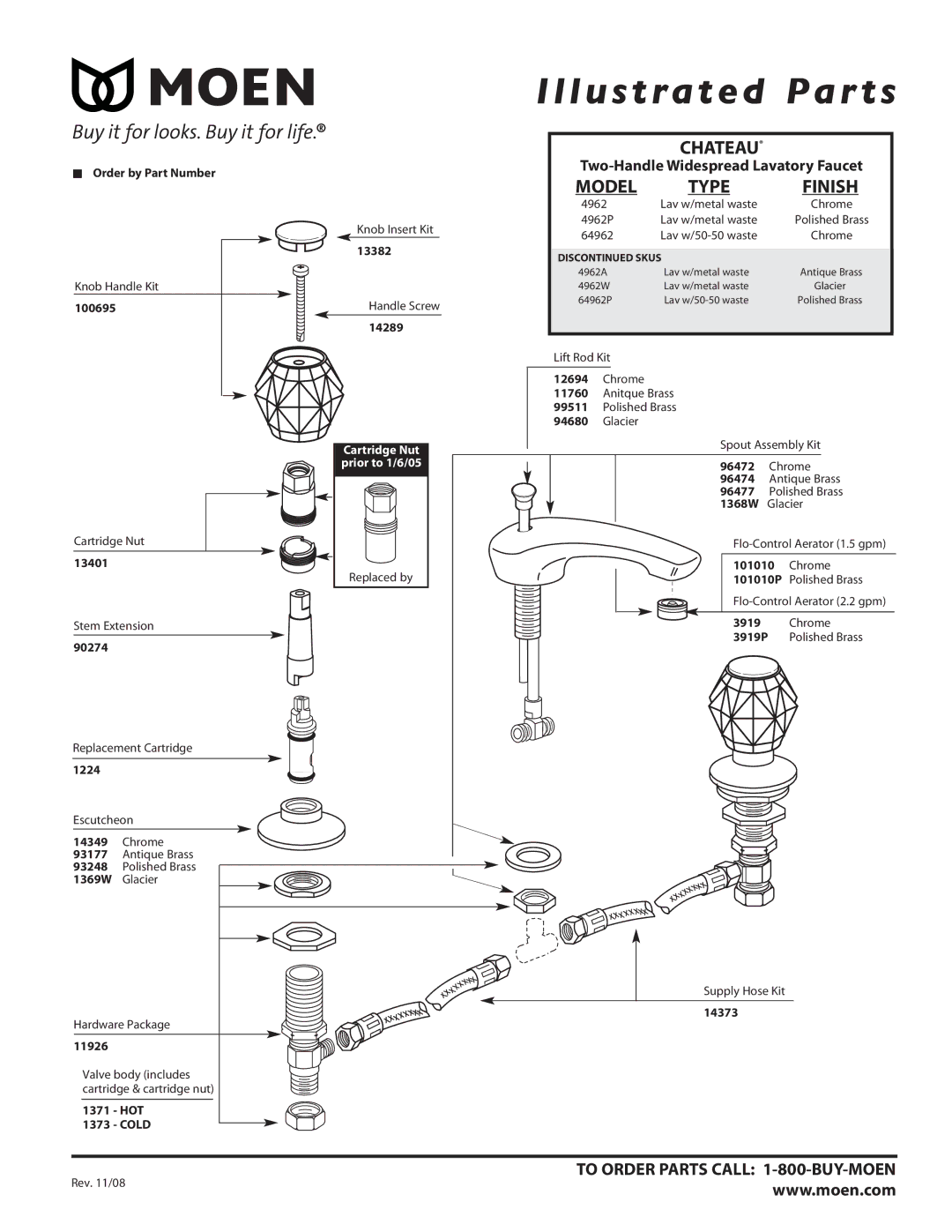 Moen 64962P, 4962A, 4962W manual Type Finish, 11926, HOT Cold, 14373 