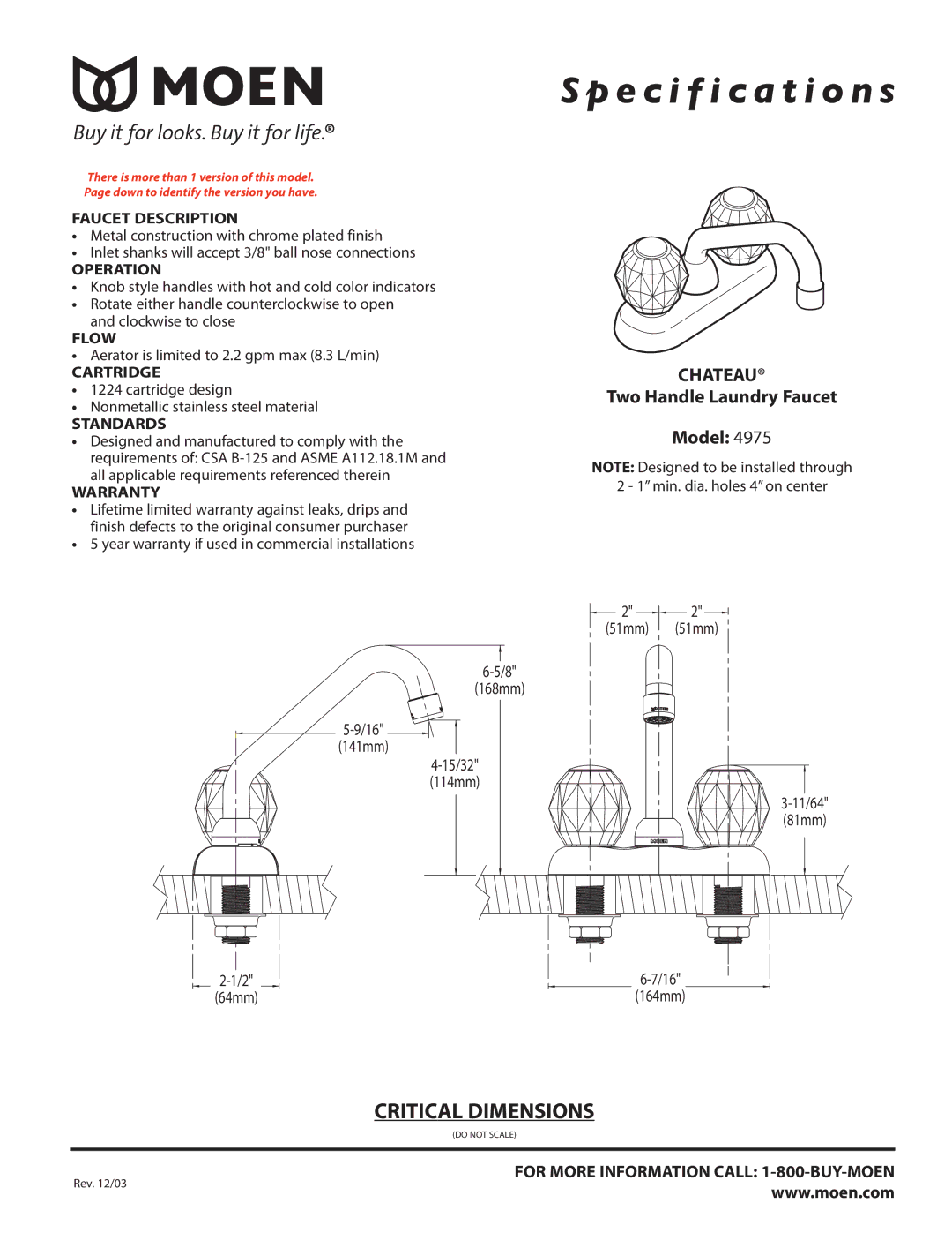 Moen 4975 specifications Specification s, Chateau 