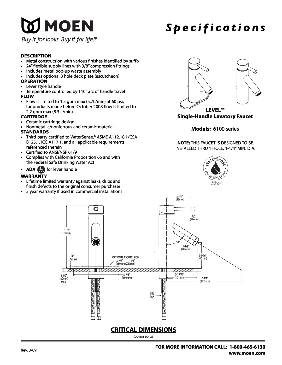 Moen 6100 Series specifications S p e c i f i c a t i o n s, Critical Dimensions, LEVEL Single-Handle Lavatory Faucet 