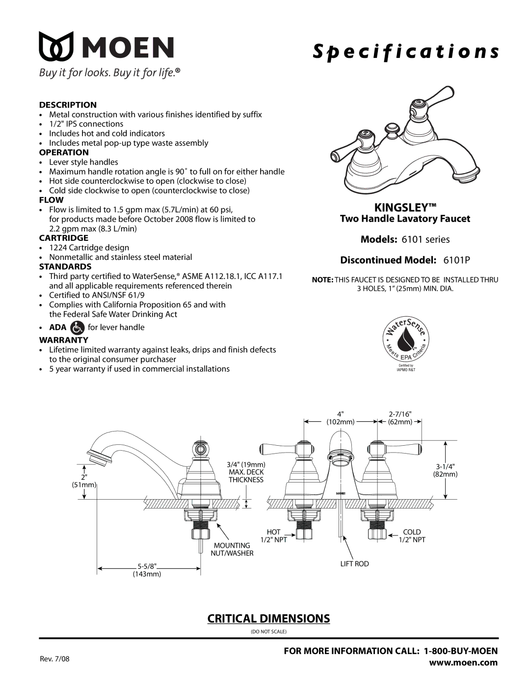 Moen 6101 Series specifications Specification s, Kingsley, Critical Dimensions, Two Handle Lavatory Faucet 