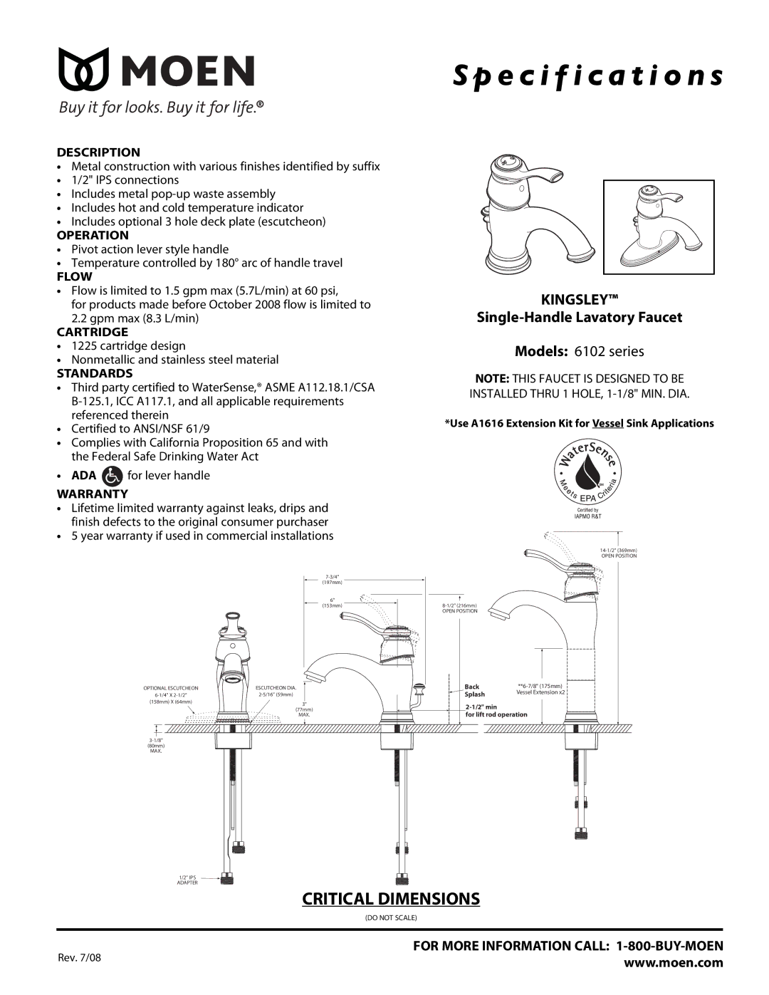 Moen 6102 Series specifications Description, Operation, Flow, Cartridge, Standards, Warranty 