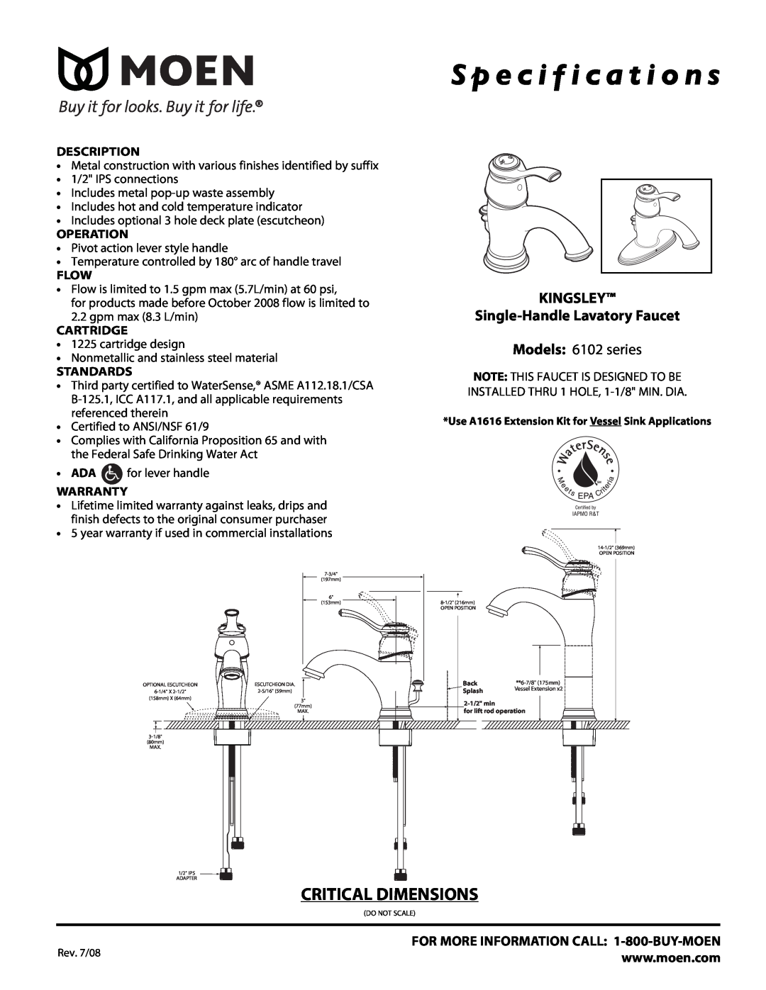 Moen 6102 Series specifications S p e c i f i c a t i o n s, Critical Dimensions, KINGSLEY Single-Handle Lavatory Faucet 