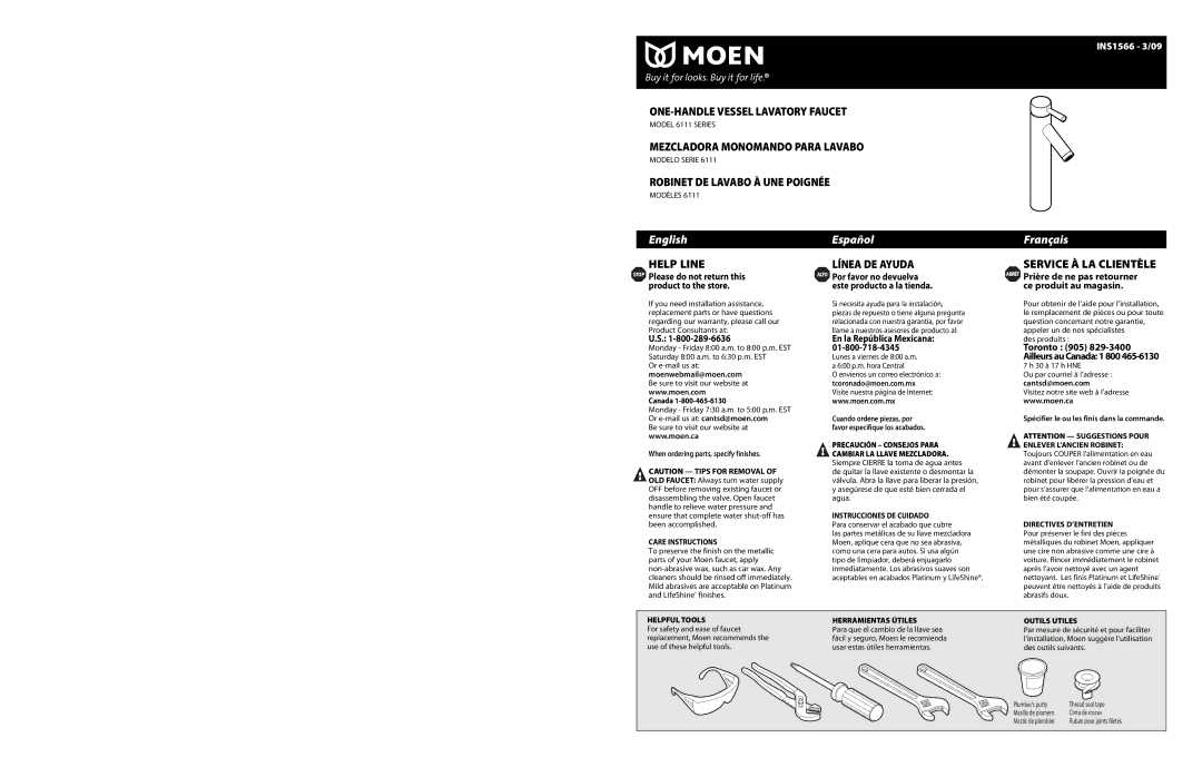 Moen 6111 warranty Moenwebmail@moen.com, Alto Por favor no devuelva este producto a la tienda, En la República Mexicana 