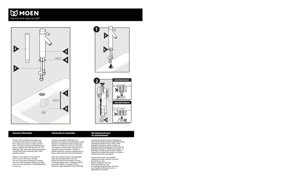 Moen 6111 warranty Utilice sólo agua fría para beber o cocinar, Renseignements pour les consommateurs 