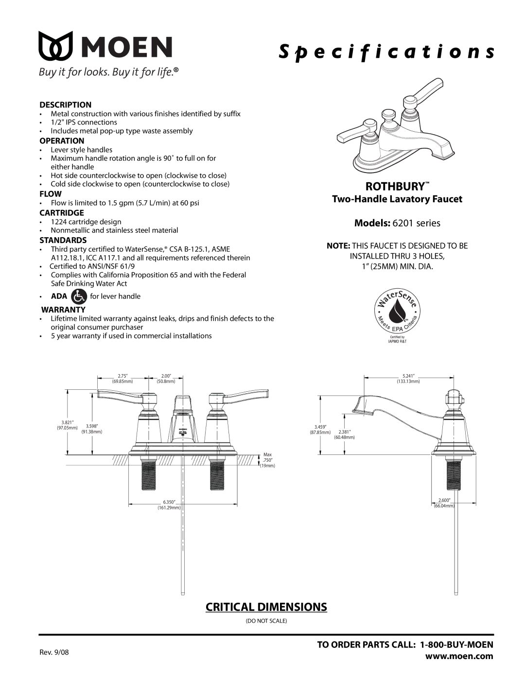 Moen 6201 series specifications Specification s, Rothbury, Critical Dimensions, Two-Handle Lavatory Faucet 