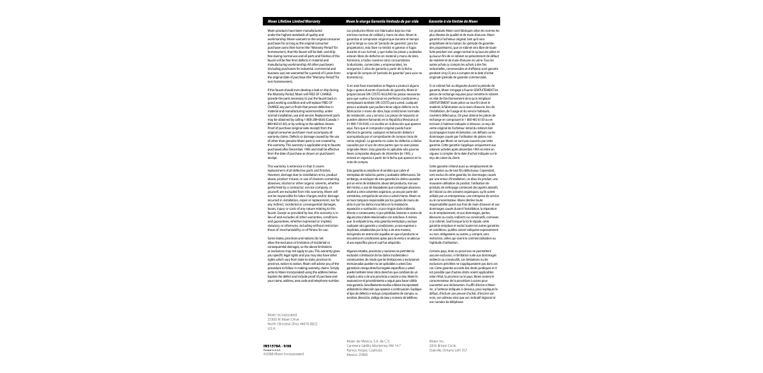 Moen 6202 Series warranty Moen Incorporated Al Moen Drive North Olmsted, Ohio, INS1578A 9/08, Mexico 